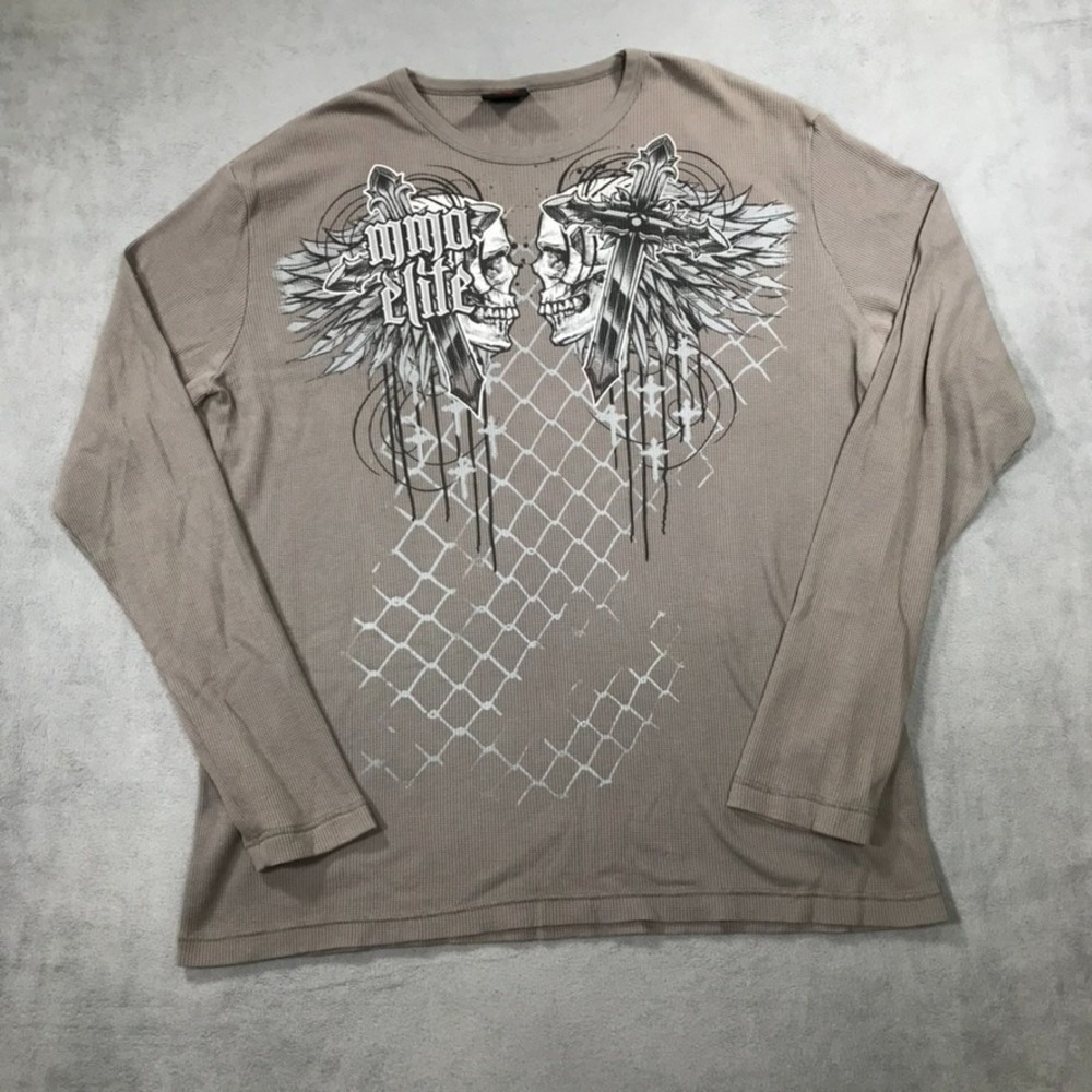 Vintage MMA Elite Thermal Waffle Knit Shirt Mens 2XL XXL Long Sleeve Skull Cross